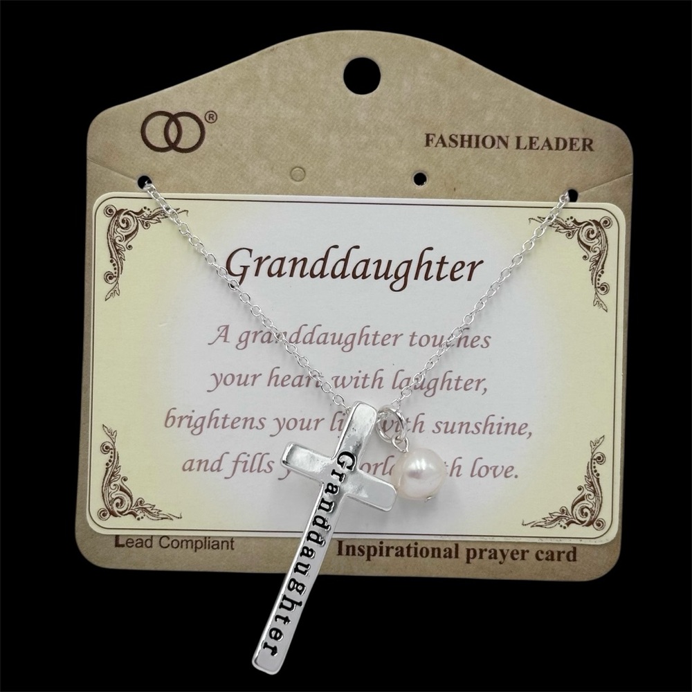 Granddaughter Cross Necklace With Genuine Pearl
